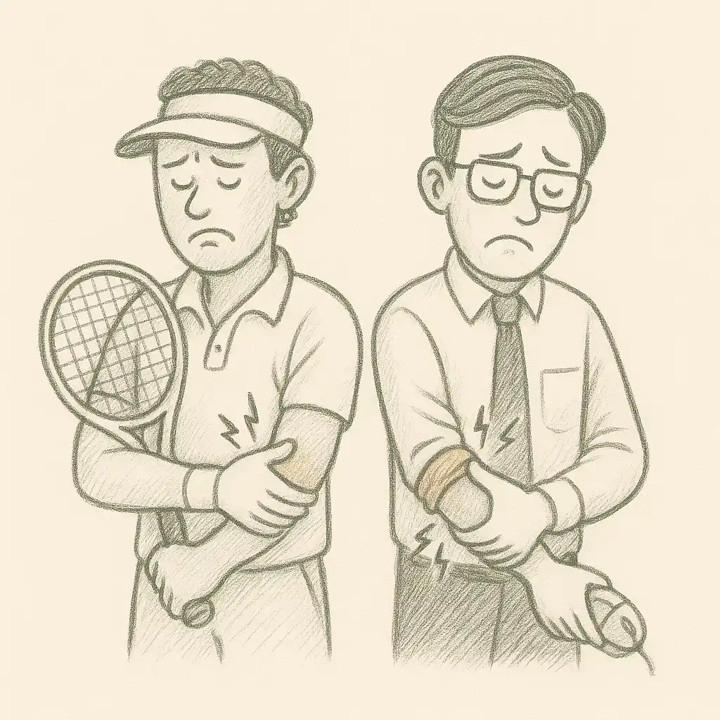 Illustration of a tennis player and an office worker both holding their sore elbows, showing common causes of tennis elbow and the need for treatment.