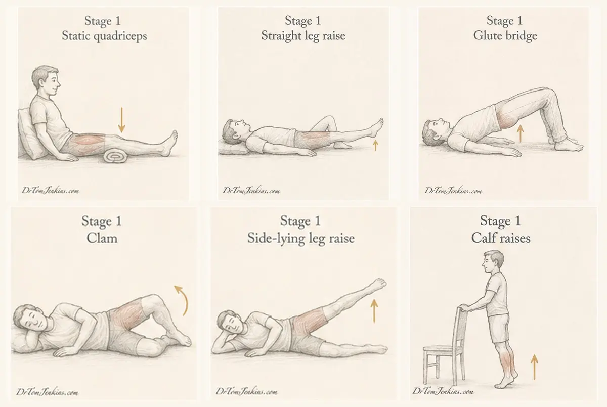 Stage 1 knee exercises: static quadriceps, straight leg raise, glute bridge, clam, side-lying leg raise and calf raises