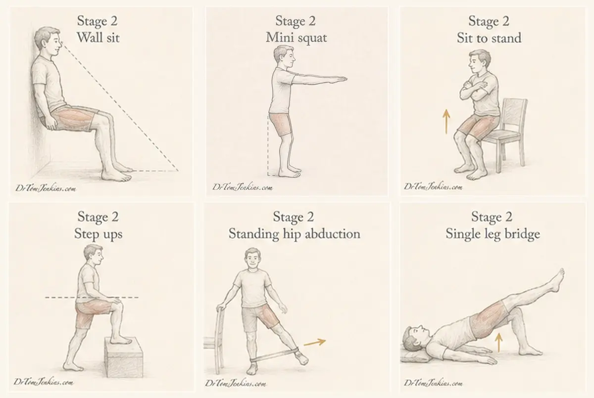 Stage 2 knee exercises: wall sit, mini squat, sit to stand, step ups, standing hip abduction and single leg bridge