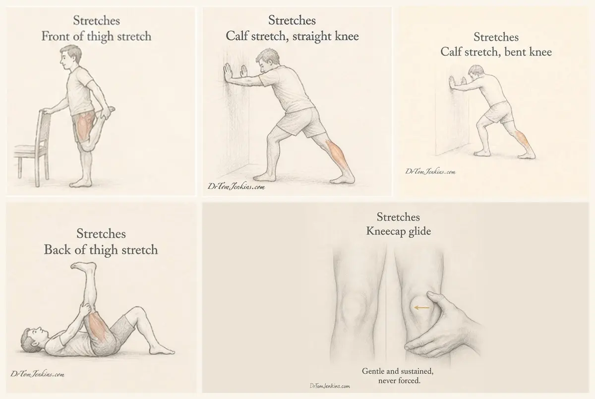 Knee stretches: front of thigh, calf with straight and bent knee, back of thigh, and a gentle kneecap glide