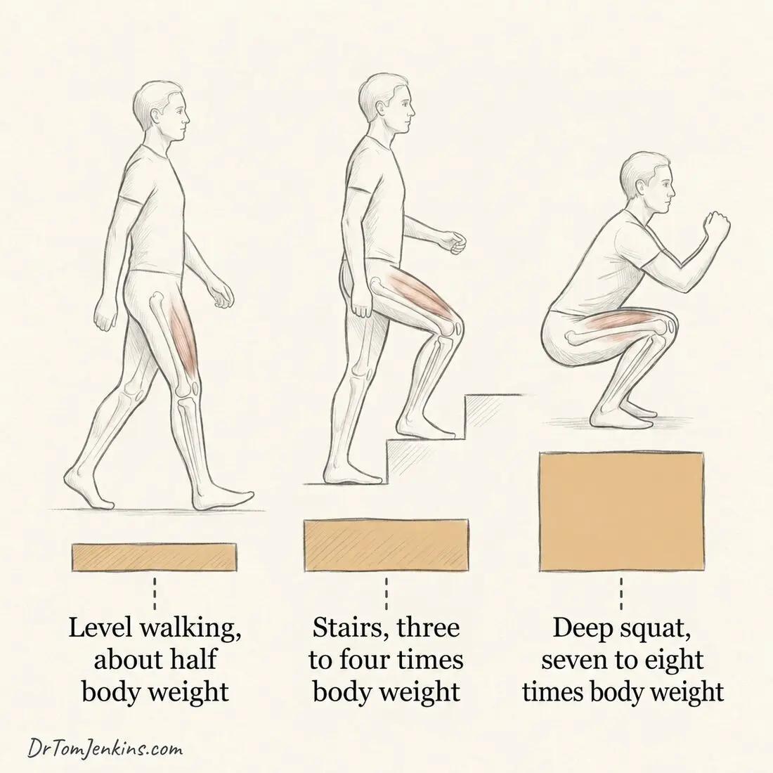 Load through the kneecap joint: about half body weight walking, three to four times on stairs, seven to eight times in a deep squat