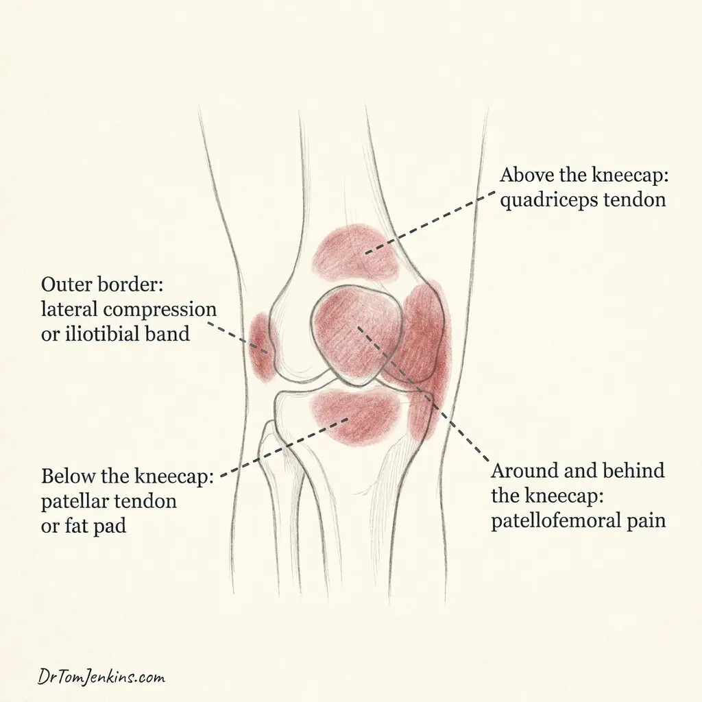 Pain map of the front of the knee: patellofemoral pain around the kneecap, patellar tendon or fat pad below, quadriceps tendon above, and lateral compression or iliotibial band at the outer border