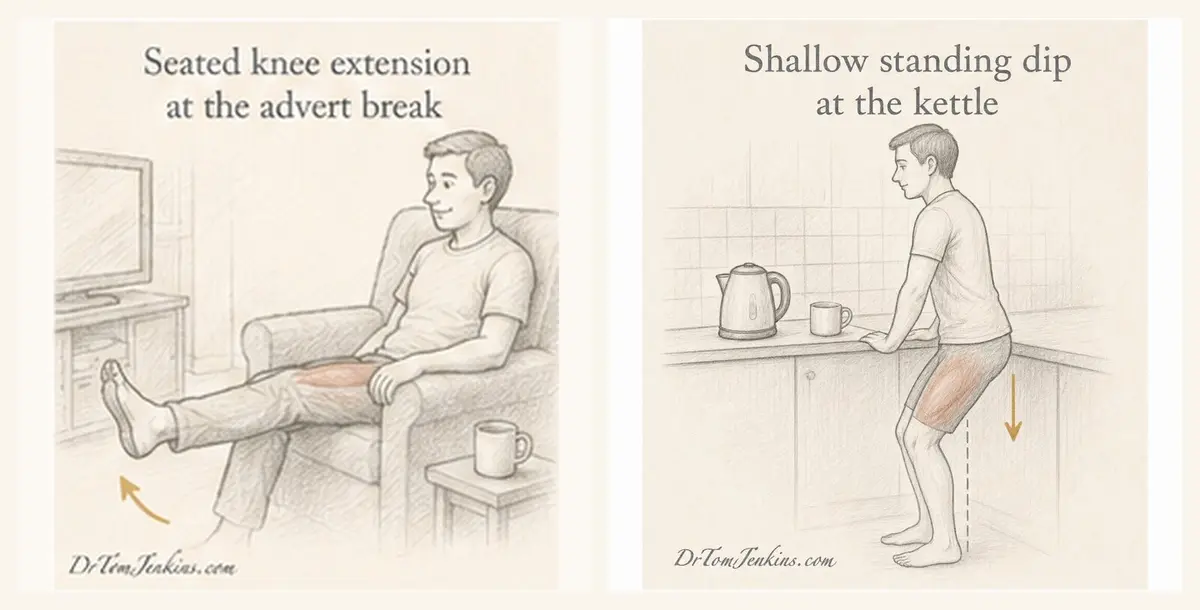 Two habit-anchored starter exercises: seated knee extension during adverts, and a shallow standing dip at the kettle
